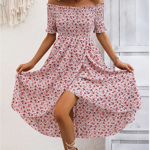 Boho Ditsy Floral Off Shoulder Wrap Hem Dress - Picture 2 of 6